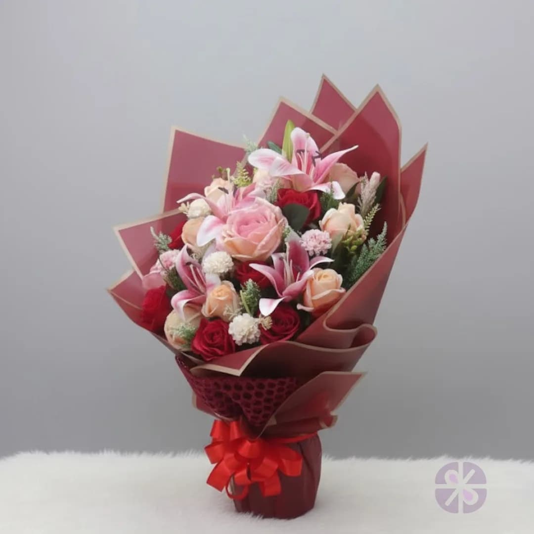 Regal Romance Artificial Pink & White Rose with Pink Lily Stand Bouquet