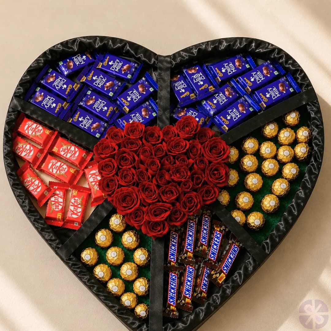 Premium Red Rose & Mixed Chocolate Heart Shape Gift Box