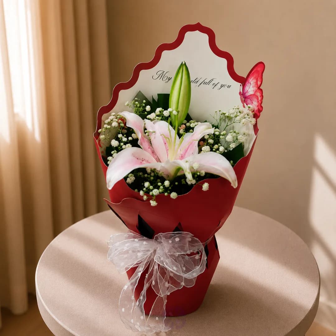Premium Fresh Single Lily Butterfly Bouquet