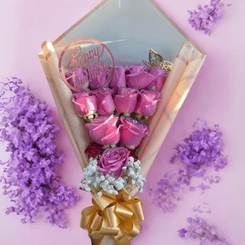 Pink Rose Bouquet with Topper & Golden Wrap