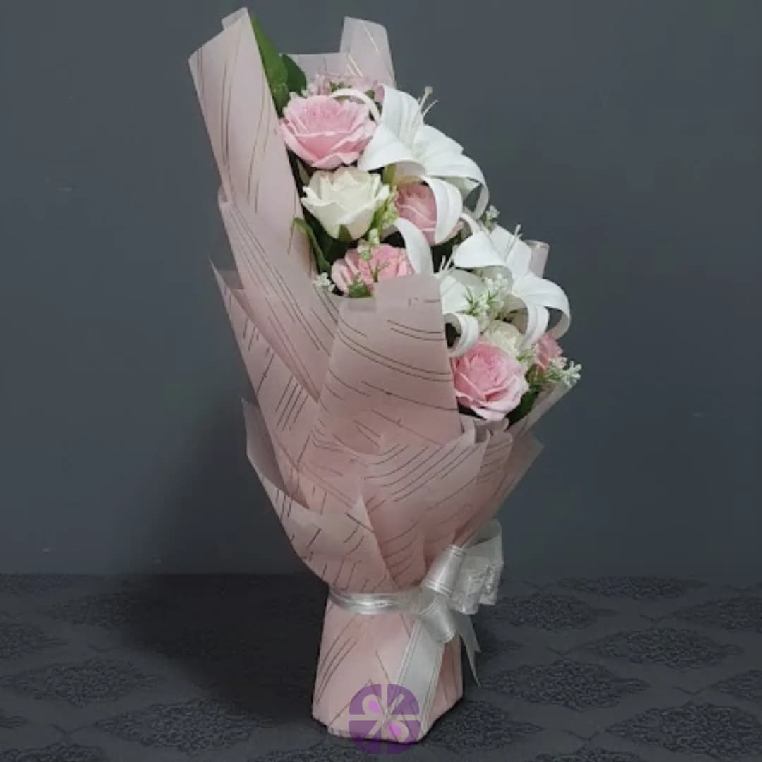 Sweet Serenity Artificial Pink & White Rose Lily Bouquet