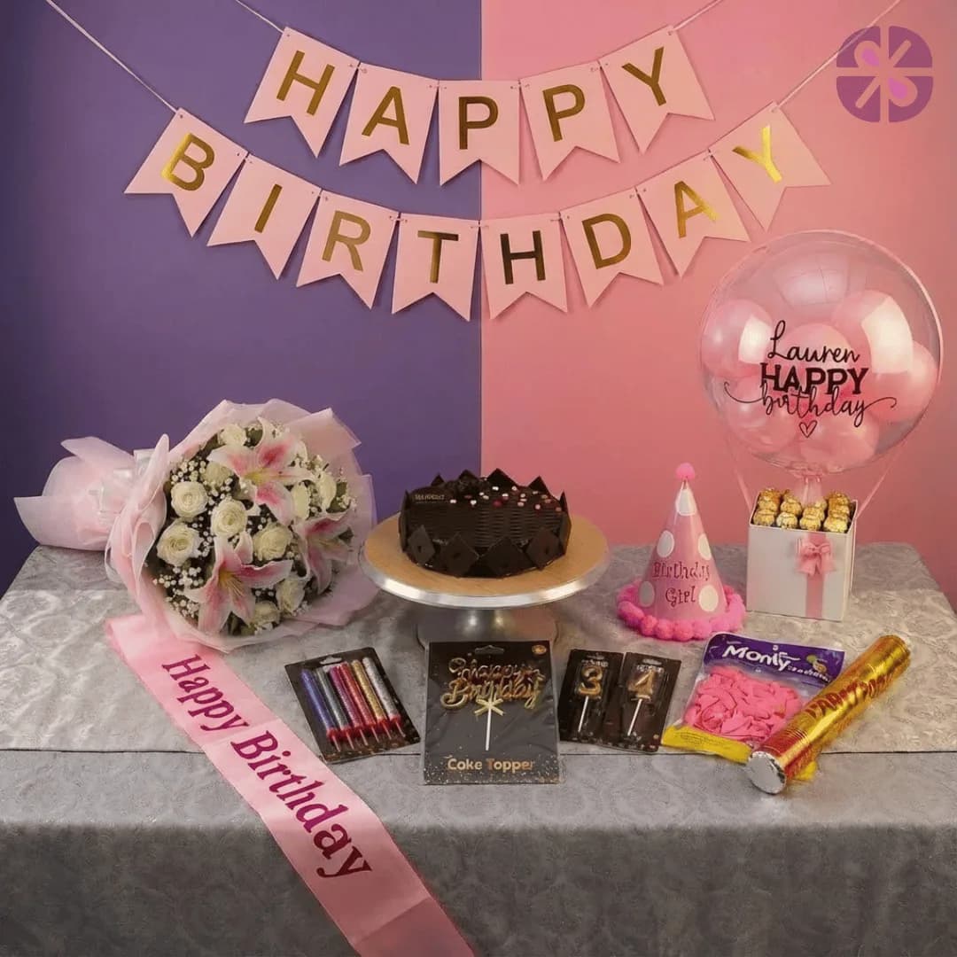 Deluxe Birthday Extravaganza Flowers, Balloon Bouquet, Cake & Full Party Kit