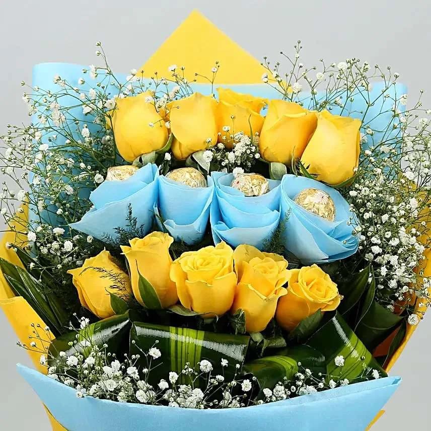 Bright Yellow Roses & Ferrero Rocher Chocolate Bouquet