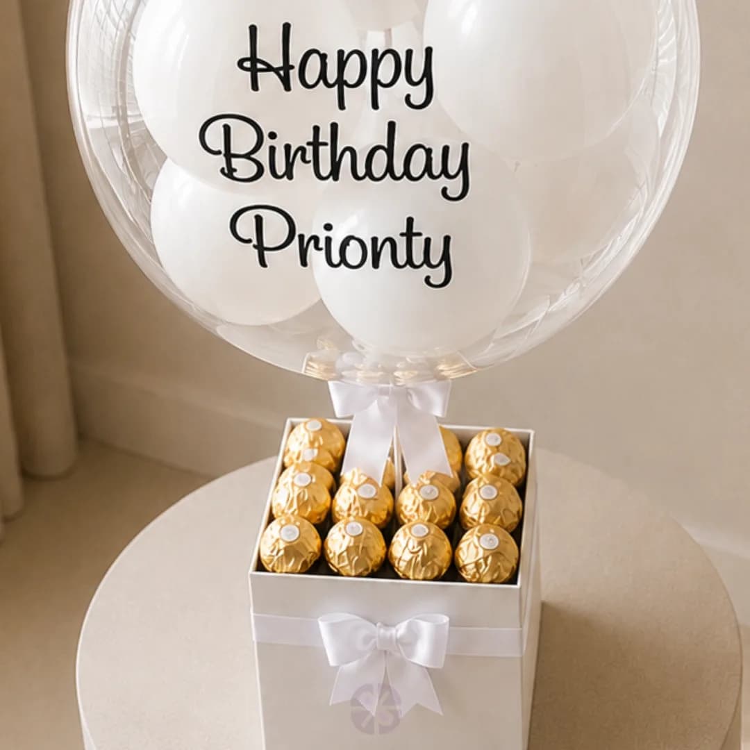 Elegant White Balloon Box with Ferrero Rocher