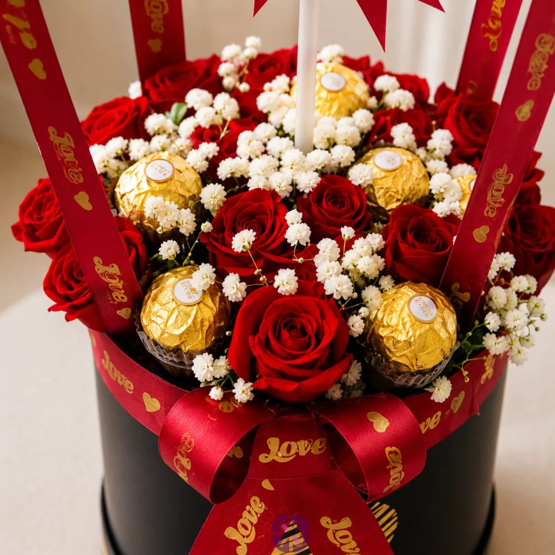 Luxury Balloon Bouquet Red Roses & Ferrero Rocher in Premium Black Box