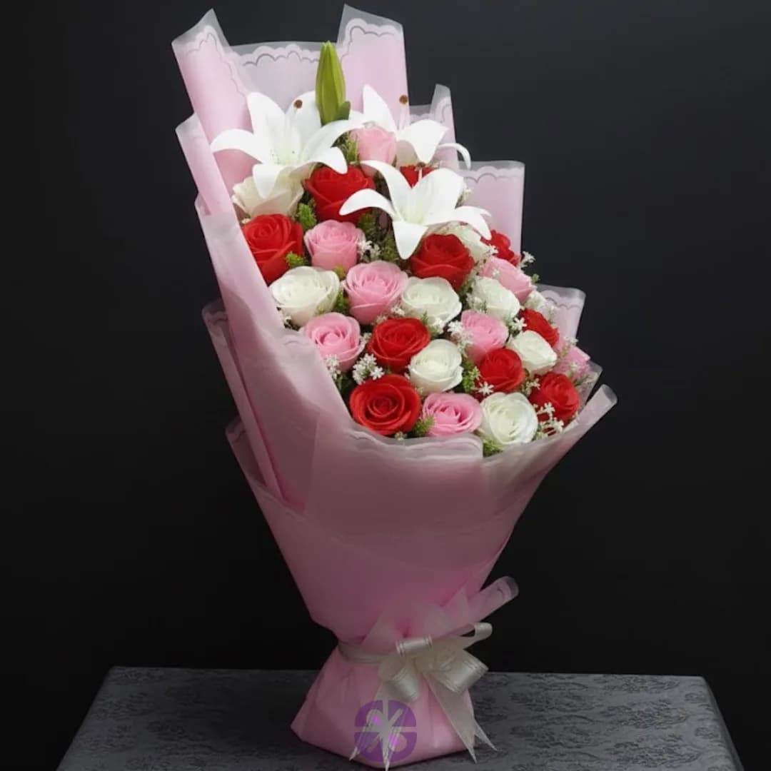 Grand Symphony Artificial Multi-Color Rose & Lily Stand Bouquet