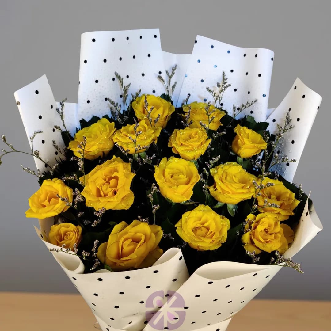 Sunny Yellow Roses Bouquet in Chic Print Dot Wrap