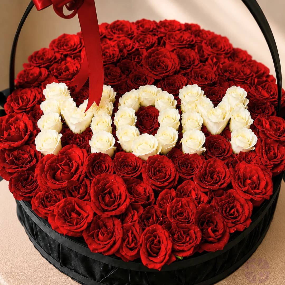 Grand 100-Rose Personalized "MOM" Premium Gift Basket with Red & White Roses