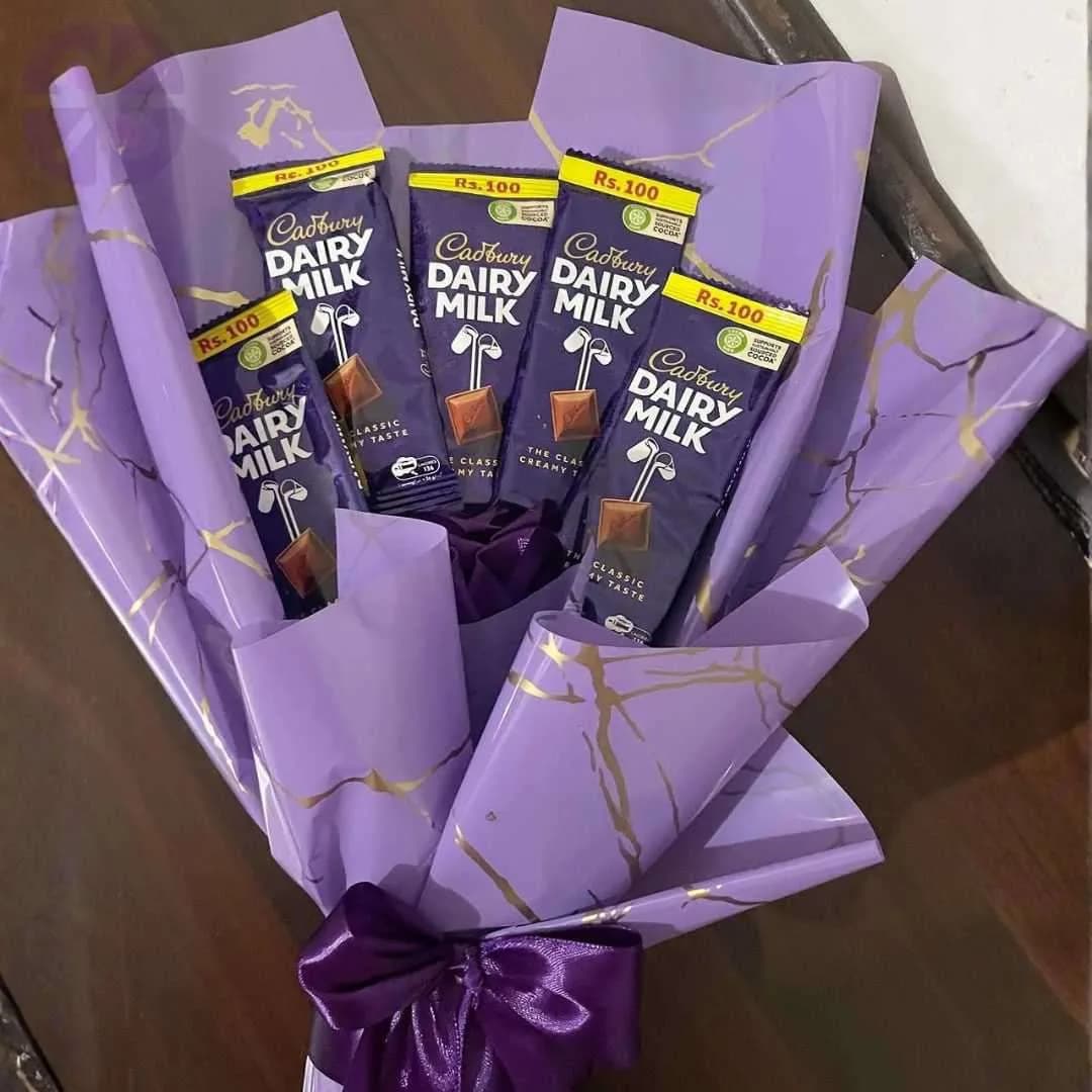 The Royal Indulgence 5-Bar Dairy Milk Bouquet with Purple Rose Accent