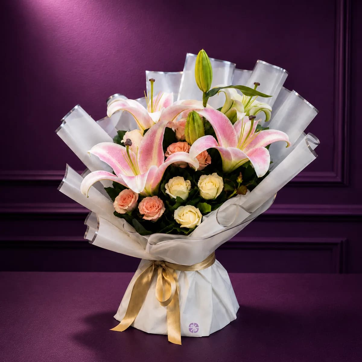 Pink Lily & Mixed Rose Stand Bouquet