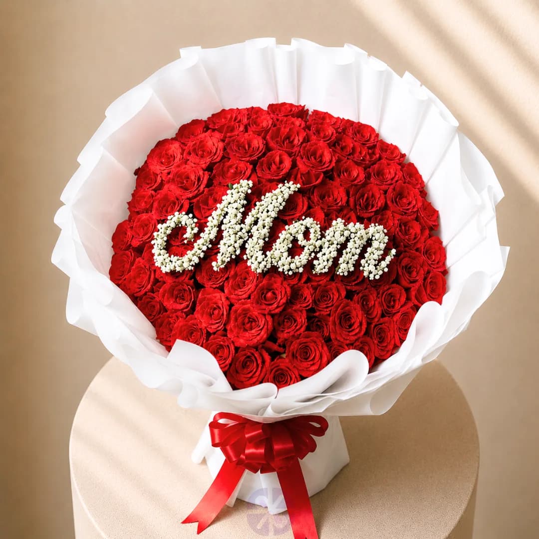 Luxury 100 Red Rose Personalized "Mom" Stand Bouquet