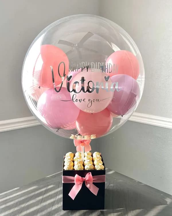 Romantic Pink Balloon Box with Ferrero Chocolates – Custom Birthday Gift for Her
