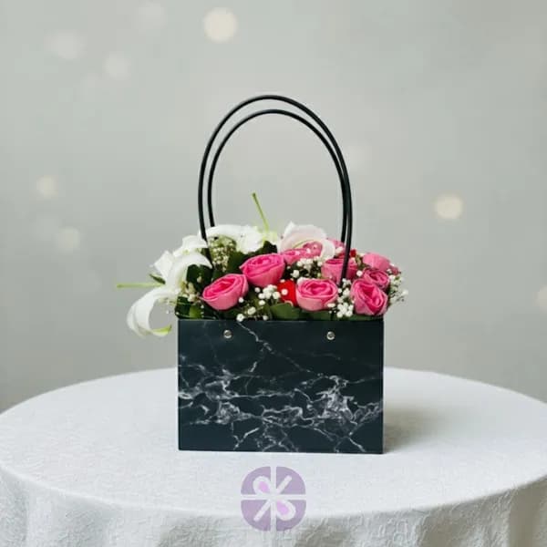 Padma Flower & White Lily with Modern Marble Black Bag