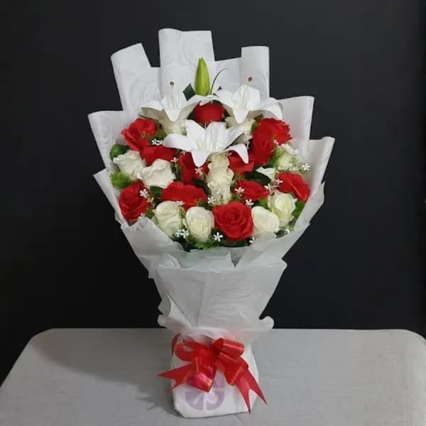Passion & Purity Artificial Red & White Rose, White Lily Stand Bouquet