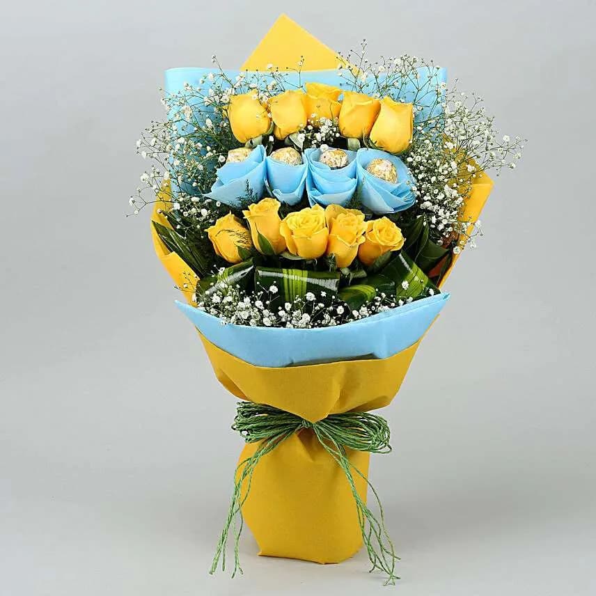 Bright Yellow Roses & Ferrero Rocher Chocolate Bouquet