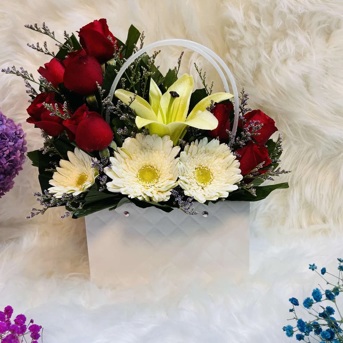 Red Rose, Yellow Lily & White Gerbera in Quilted White Gift Bag
