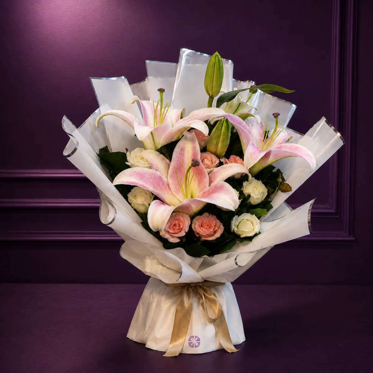 Pink Lily & Mixed Rose Stand Bouquet