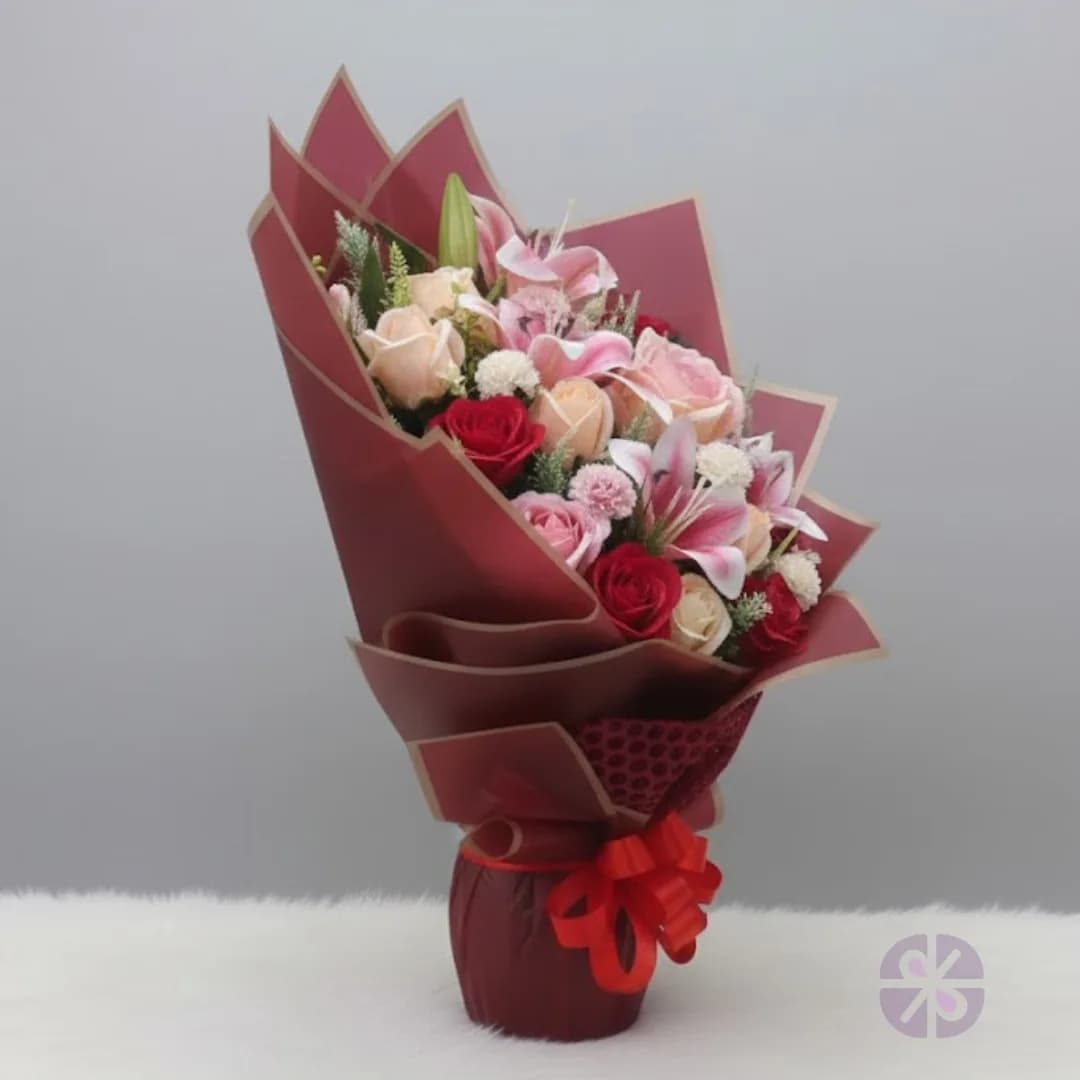 Regal Romance Artificial Pink & White Rose with Pink Lily Stand Bouquet