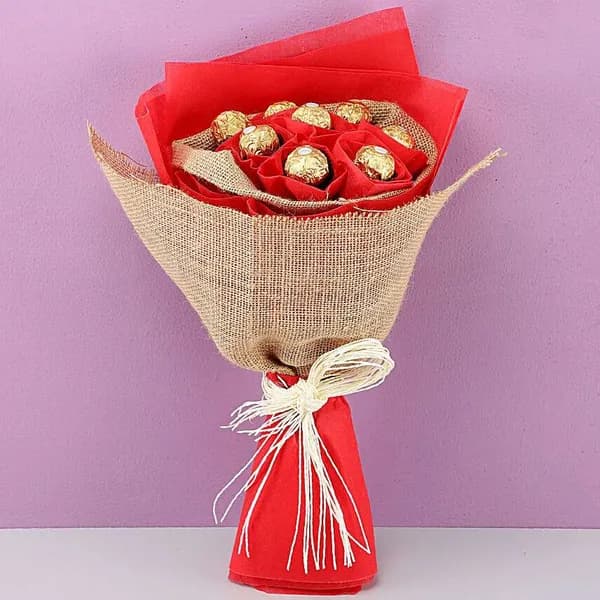 Rustic Ferrero Rocher Bouquet with Red Wrap & Jute Finish