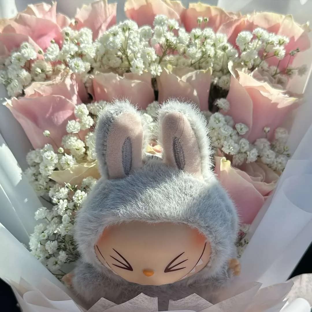 Cute Pink Rose Bouquet with Baby Bunny Plush