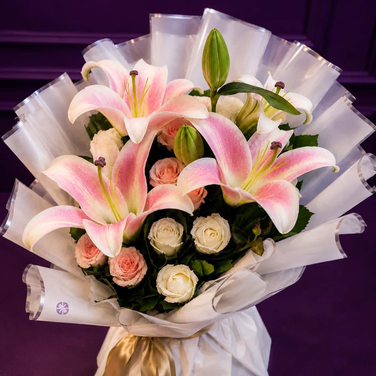 Pink Lily & Mixed Rose Stand Bouquet