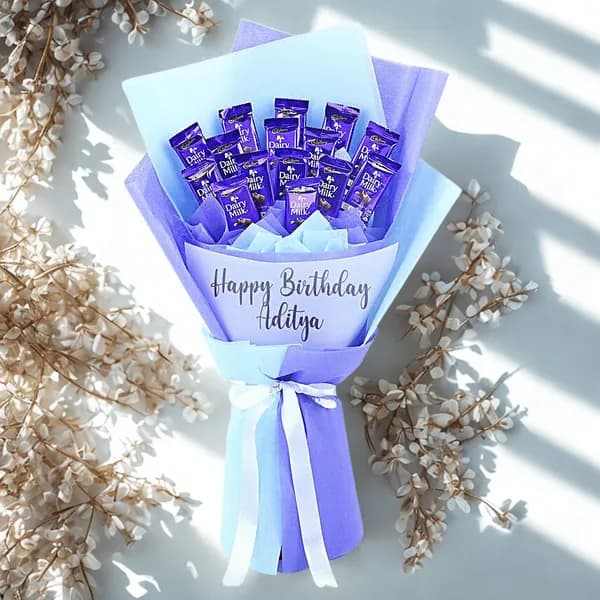Birthday Dairy Milk Chocolate Bouquet with Custom Message & Elegant Blue Wrap – Sweet Celebration Surprise
