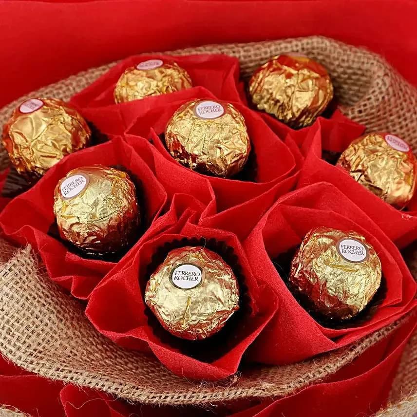 Rustic Ferrero Rocher Bouquet with Red Wrap & Jute Finish