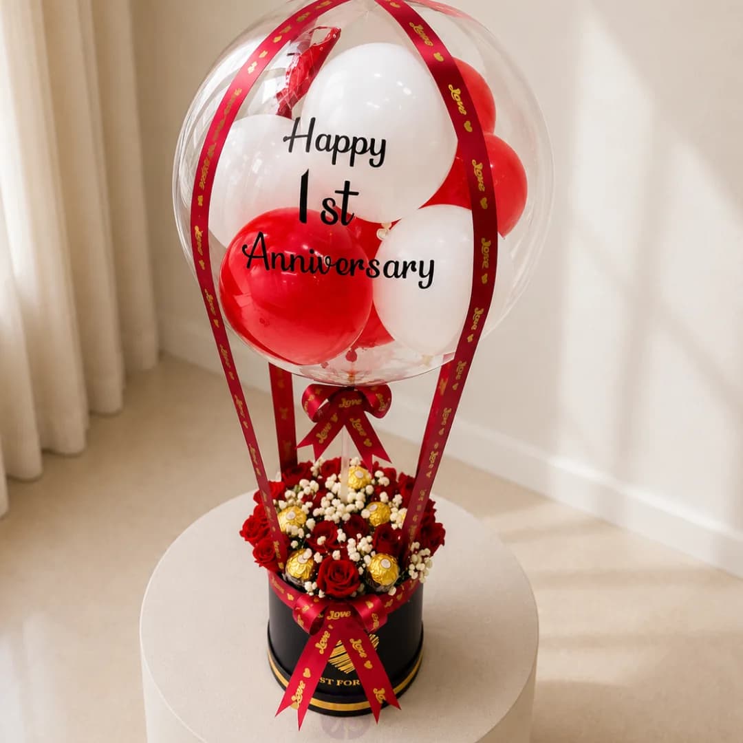 Luxury Balloon Bouquet Red Roses & Ferrero Rocher in Premium Black Box