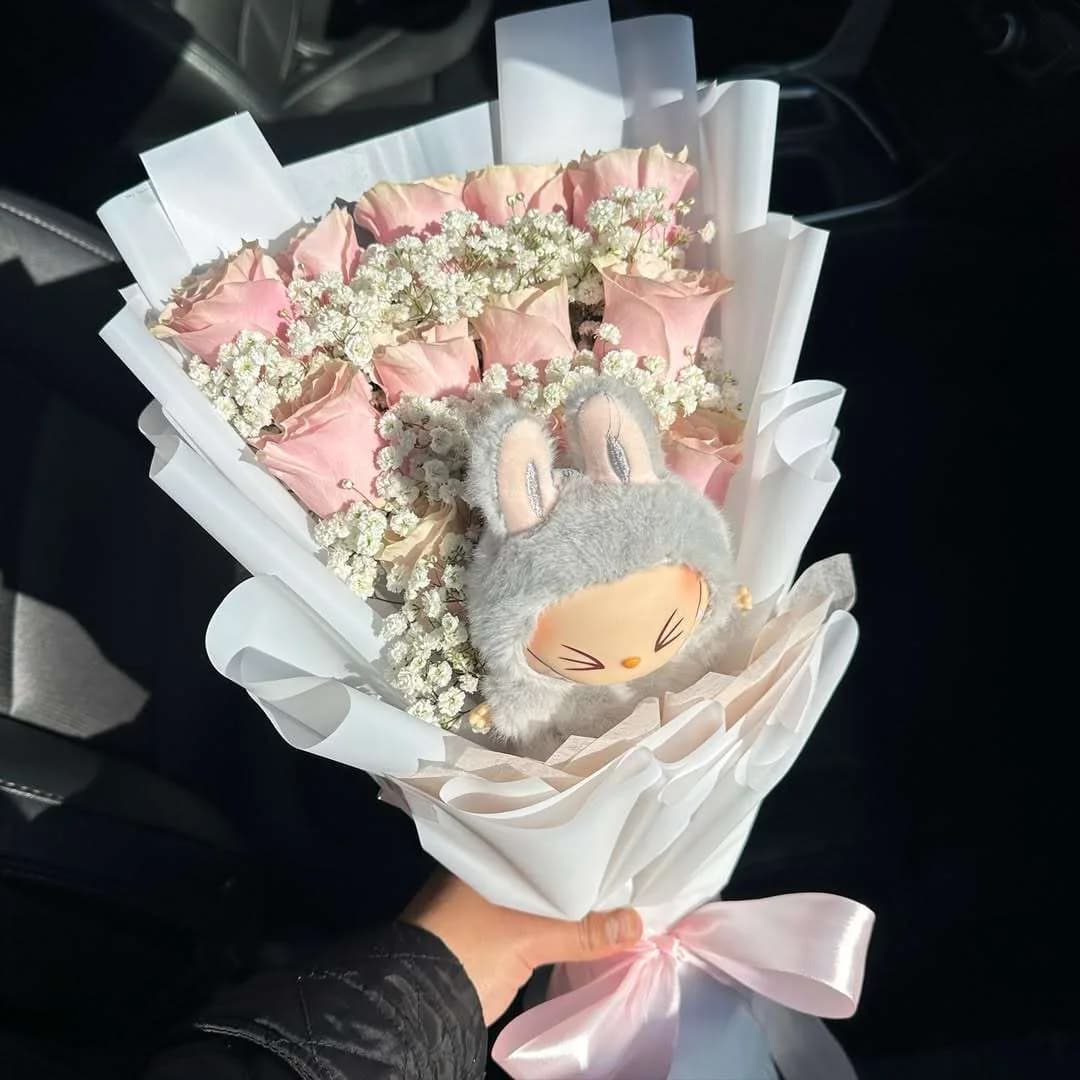 Cute Pink Rose Bouquet with Baby Bunny Plush