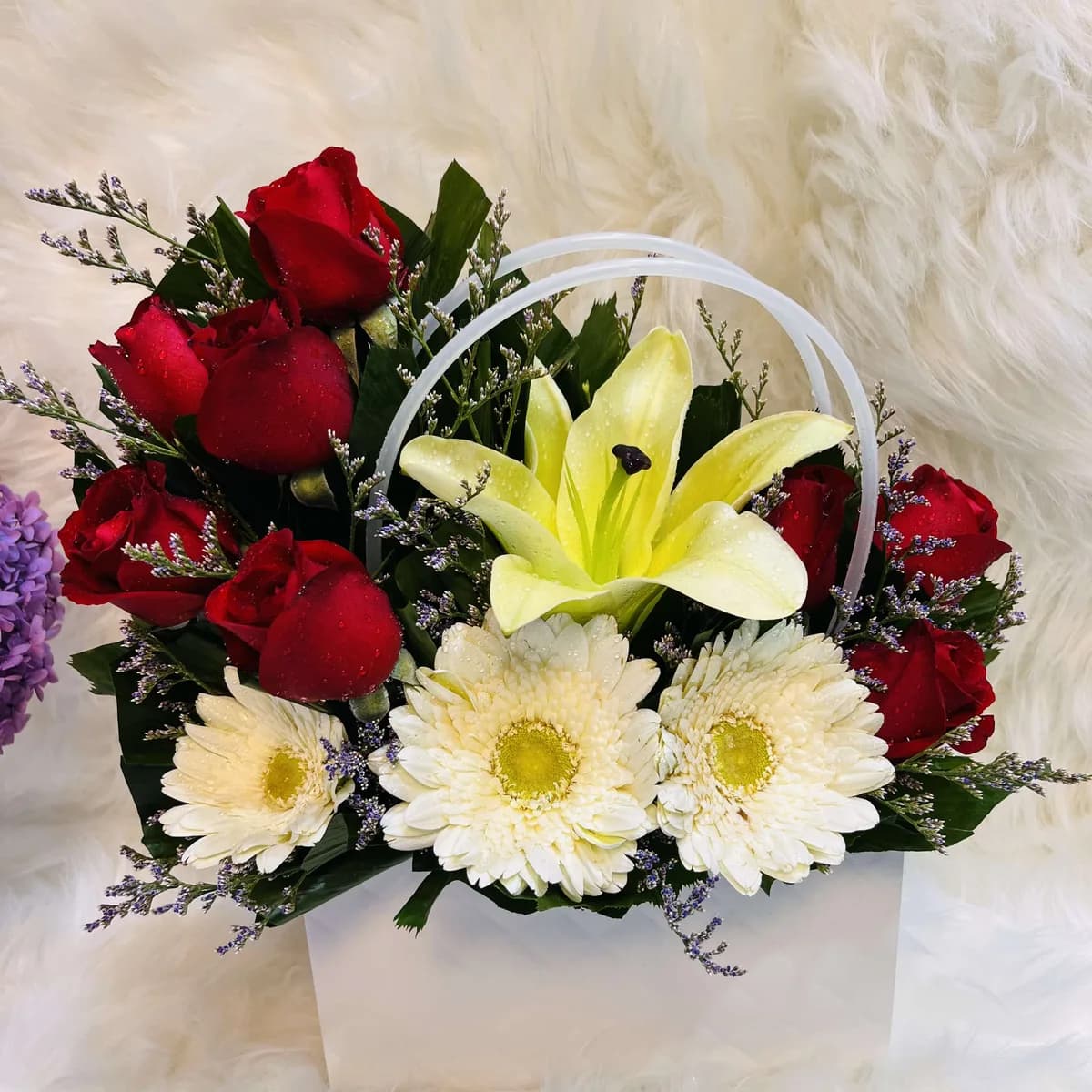 Red Rose, Yellow Lily & White Gerbera in Quilted White Gift Bag