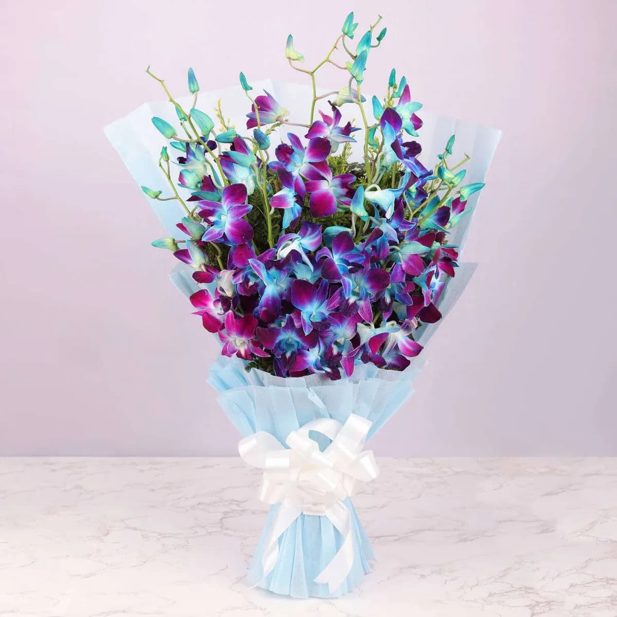 Elegant Blue Orchid Bouquet with Sky-Blue Wrap
