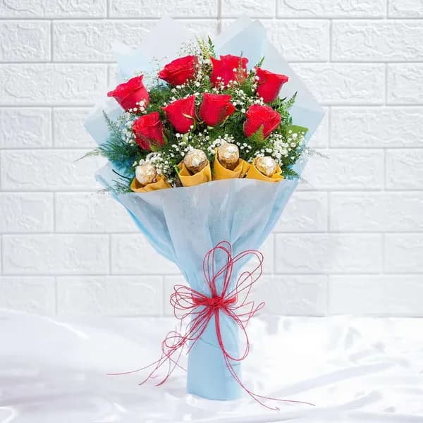 Romantic Red Roses & Ferrero Rocher Chocolate Bouquet