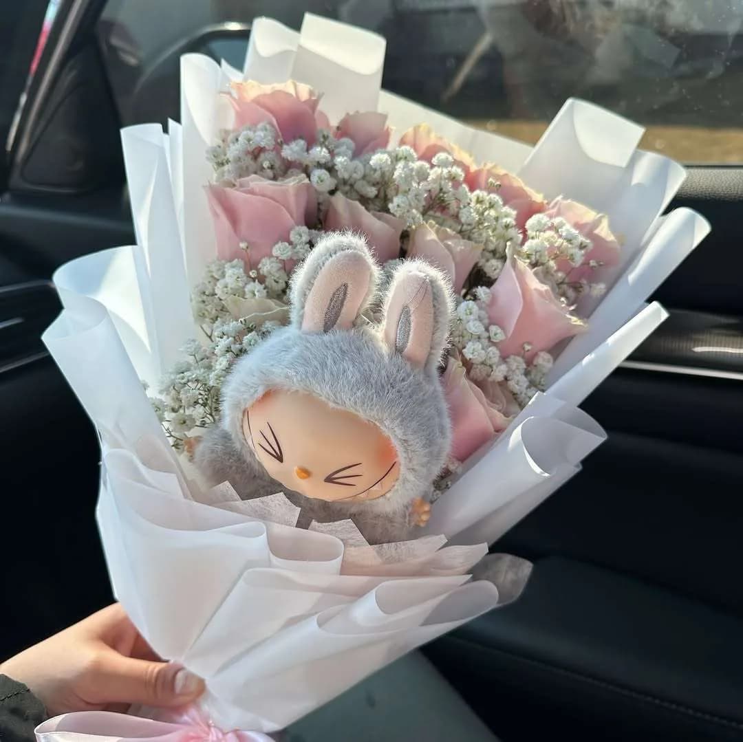 Cute Pink Rose Bouquet with Baby Bunny Plush