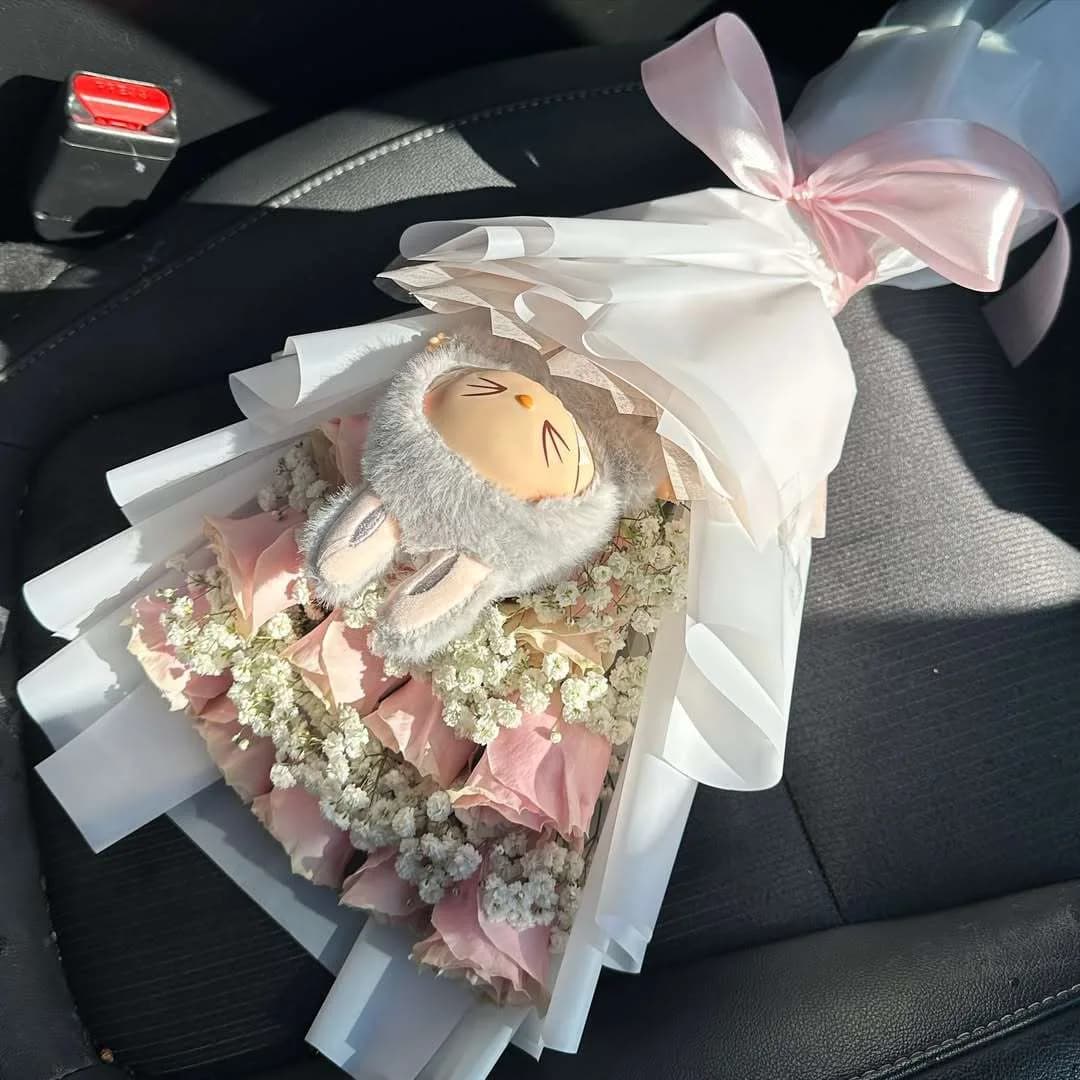Cute Pink Rose Bouquet with Baby Bunny Plush