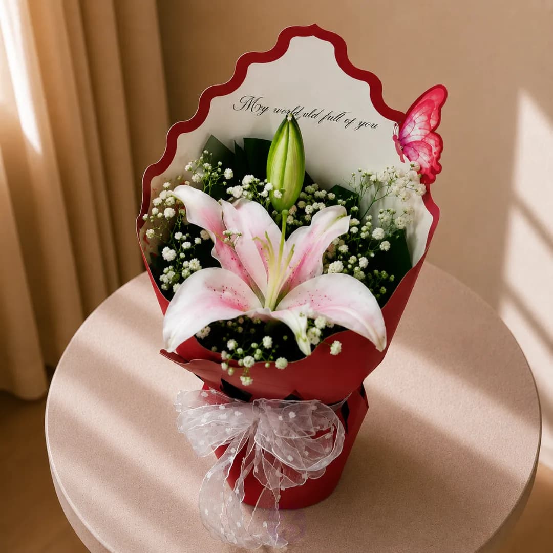 Premium Fresh Single Lily Butterfly Bouquet