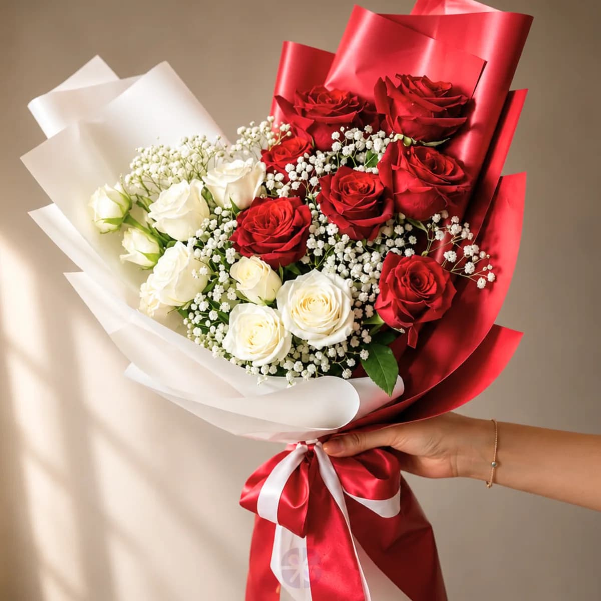 Premium Red and White Rose Fusion Hand Bouquet
