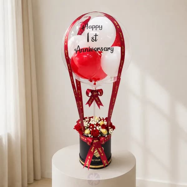 Luxury Balloon Bouquet Red Roses & Ferrero Rocher in Premium Black Box