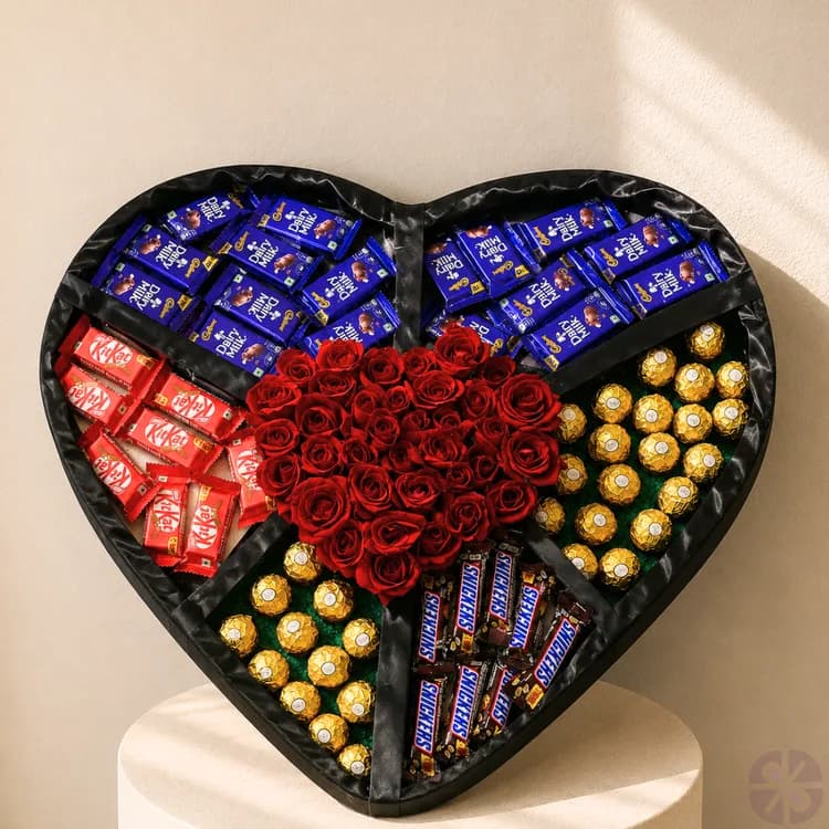 Premium Red Rose & Mixed Chocolate Heart Shape Gift Box