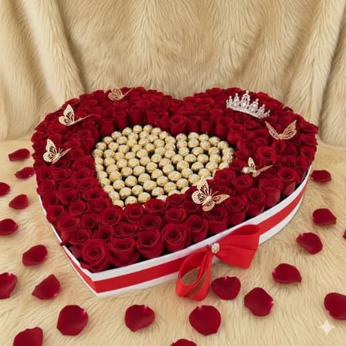 100 Red Roses & Ferrero Heart Masterpiece