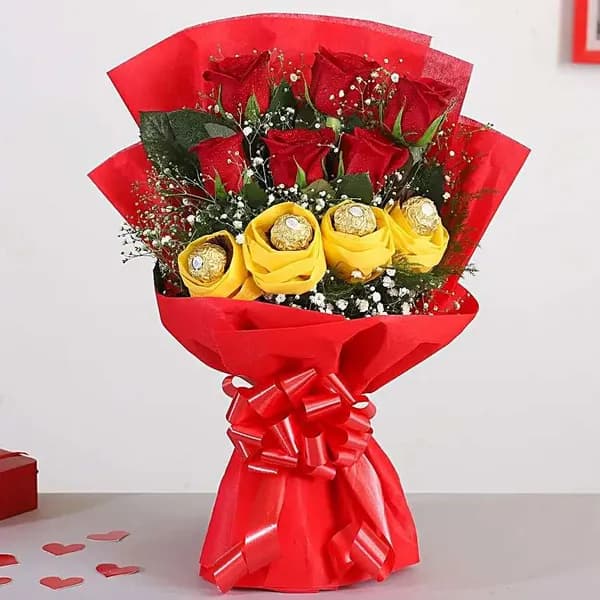 Red Rose & Ferrero Rocher Yellow Bloom Bouquet