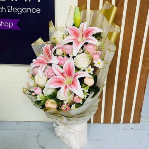 Timeless Elegance Artificial Mix Flower Bouquet (Pink & White)