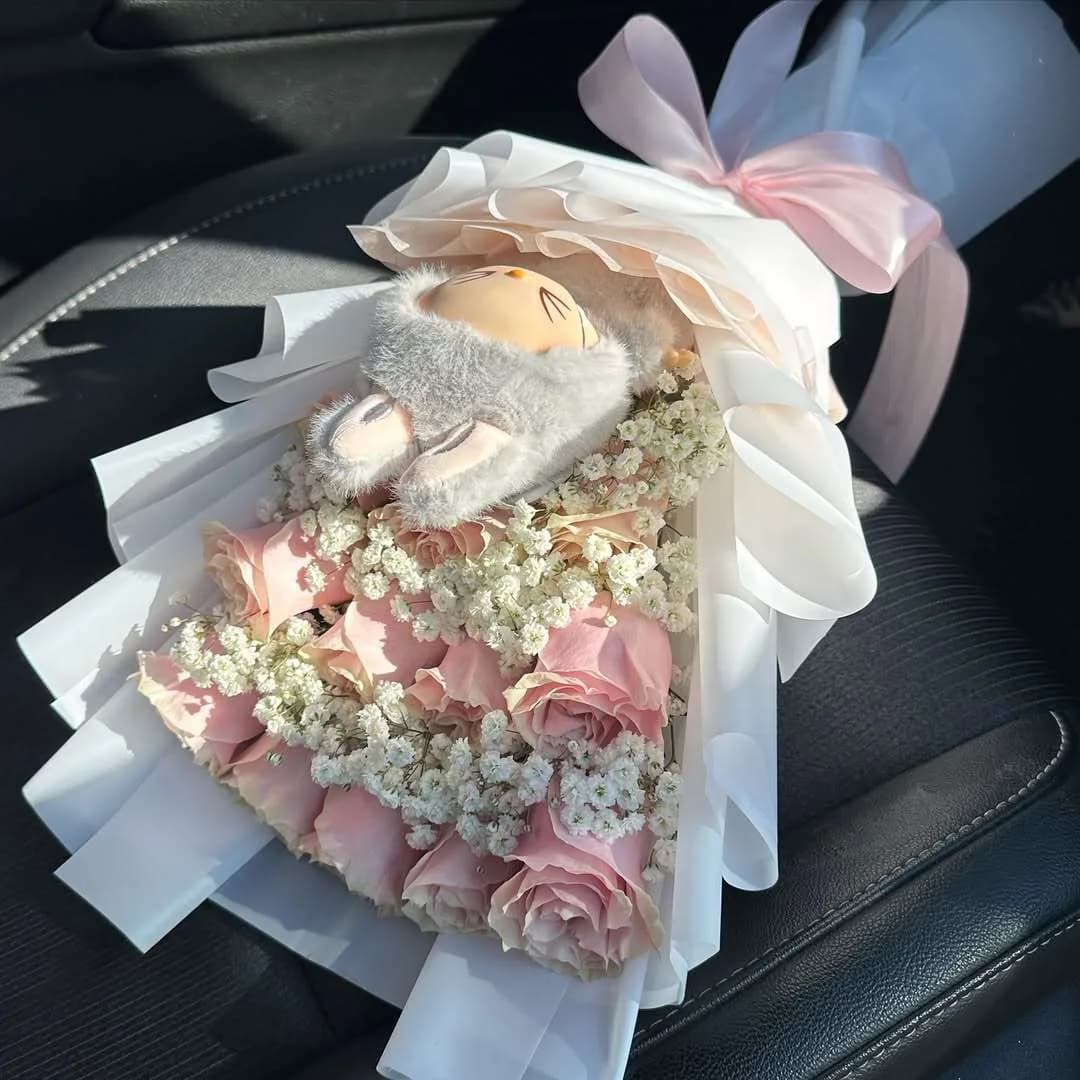Cute Pink Rose Bouquet with Baby Bunny Plush