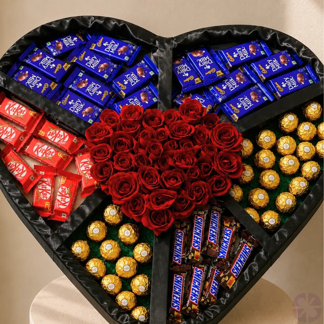 Premium Red Rose & Mixed Chocolate Heart Shape Gift Box