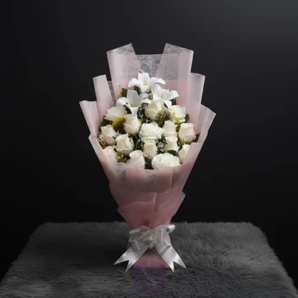 Purity in Bloom Artificial Eternal White Rose & Lily Stand Bouquet