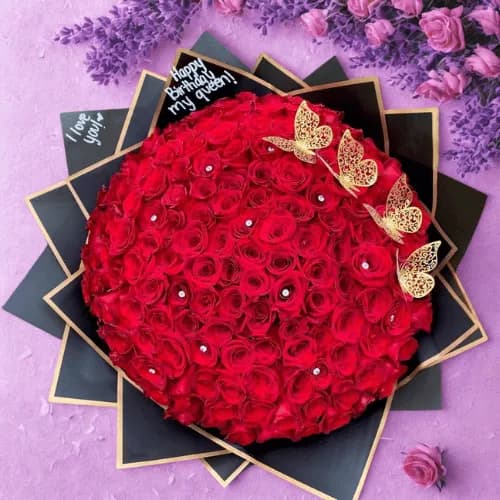 Luxury Red Rose Birthday Bouquet with Golden Butterflies