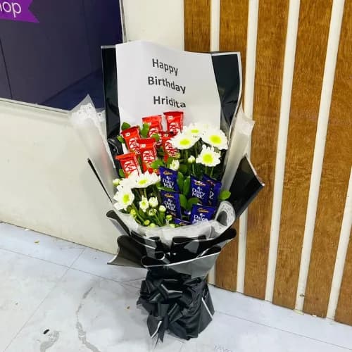 Black Wrapped Birthday Bouquet with KitKat, Dairy Milk & White Chrysanthemums