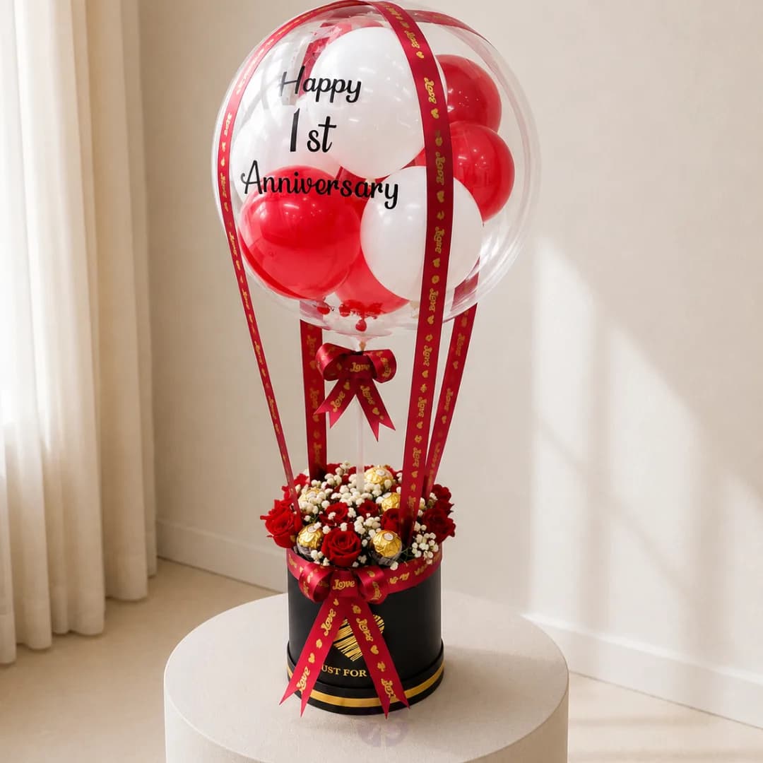 Luxury Balloon Bouquet Red Roses & Ferrero Rocher in Premium Black Box