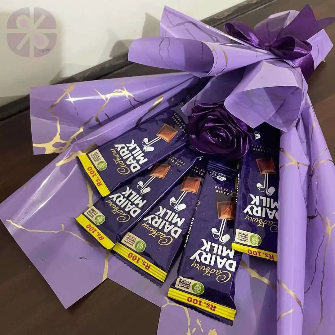 The Royal Indulgence 5-Bar Dairy Milk Bouquet with Purple Rose Accent