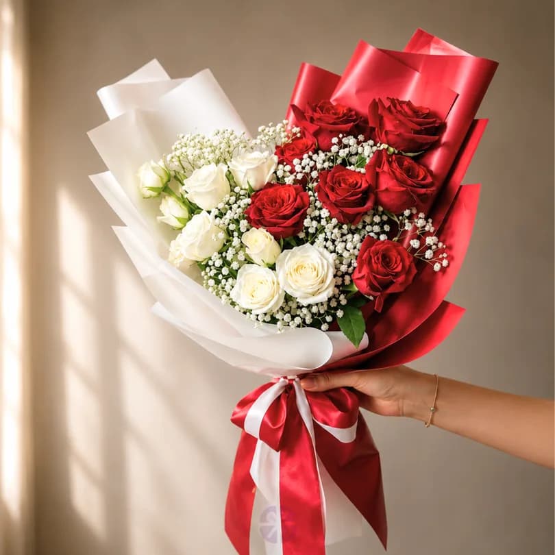 Premium Red and White Rose Fusion Hand Bouquet