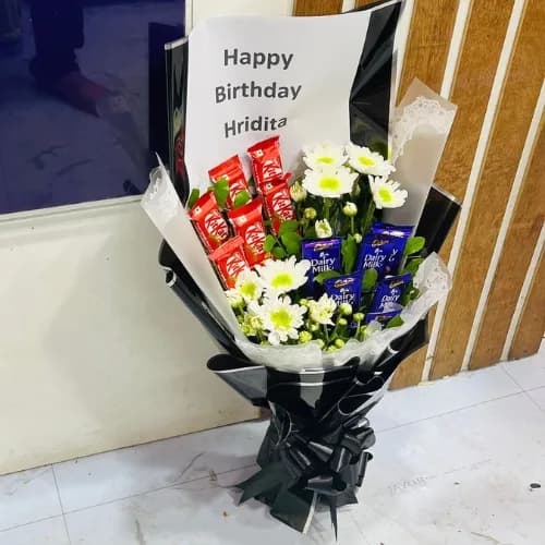 Black Wrapped Birthday Bouquet with KitKat, Dairy Milk & White Chrysanthemums
